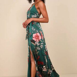 Maxi Green Satin Floral Dress